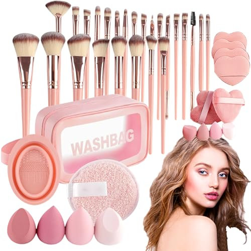 Makeup Brush Set, Professional Tool Kit, Soft Bristle Brushes, Complete Cosmetic Set, Travel Storage Bag Included, for Studio Beauty Outdoor Use, 25cm Pink