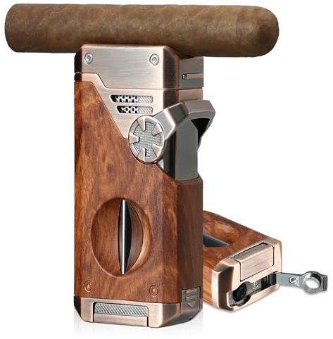 Joyoldelf Encendedor de Cigarro con Antorcha Cuadruple Llama - Encendedor Recargable de Butano a Chorro Resistente al Viento con Cortador, Punzón y Ventana de Combustible (Sin Butano) - Regalo Premium