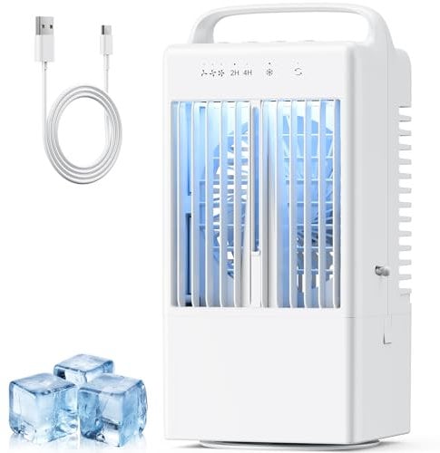 Portable Air Conditioner, 4 in 1 USB Personal Air Cooler, 900ML Mini Evaporative Conditioner Timer, 90° Oscillating 3 Speeds Desktop Fan with Water Mist Spray, 7 LED Light Air Coolers for Home Travel