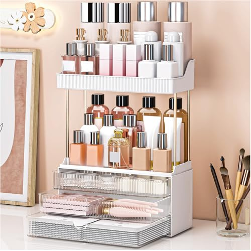 Storivo Makeup Organizer, 2 Etagen mit 3 Schubladen - Großer Kosmetik Organizer & Schminktisch Organizer, Vielseitiger Badezimmer Organizer Aufbewahrungsbox, Viel Stauraum, Klar Transparent