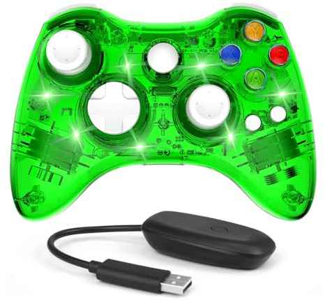 PAWHITS Wireless Xbox 360 Controller with Cool LED, Compatible with Microsoft Xbox 360 & PC (Windows 11/10/8/7), Upgraded Joystick & Dual Vibration Gamepad with Receiver (Transparent Green)