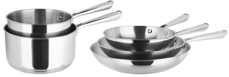 Sitram 717376 Batterie de Cuisine 5 Pcs 100% INOX - sans revêtement anti-adhésif, cuisine saine garantie - 2 casseroles Ø18,20 cm, 3 poêles Ø20,24,28 cm - Manche inox riveté - Tous feux dont Induction