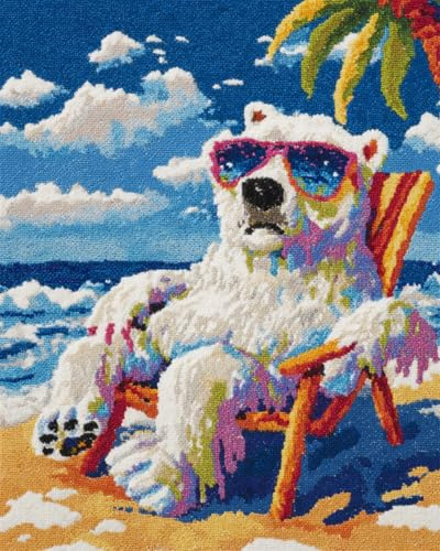 N.LANSHAN DIY Latch Hook Kit Large Rug Polar Bear On A Beach Chair Latch Hook Kits DIY Rug Making Crafts with Colorful Pattern Printed，Embroidery Sewing Set 55x75cm