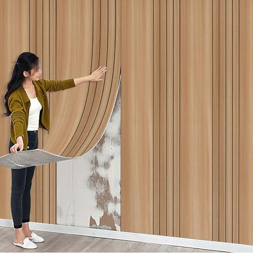 Tarwanear Self Adhesive Wallpaper Wood Effect Peel and Stick Wall Panels, Brown 40x300cm Waterproof 3D Thermal Insulation Wallpaper for Living Room Bedroom Kitchen Bathroom Ceiling, 4Rolls