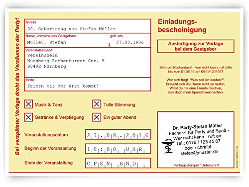 Individuelle Geburtstag Einladungskarten ab 10-100 Stück - Krankschreibung Gelb - witzige Geburtstagseinladung Krankmeldung Arbeitsunfähigkeit Karte, dicker 300g/qm Kartonpapier, Umschläge optional