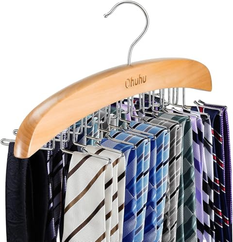 Ohuhu 24-Hook Wooden Tie Rack Organizer for Closet – Space Saving Hanger with 360° Rotating Anti-Slip Clips, Holds 24 Ties Securely Without Wrinkles – Premium Hardwood & Rustproof Steel