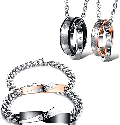 Kim Johanson Edelstahl Pärchen Schmuckset Armbänder & Ketten Endless Love für verliebte Roségold & Schwarz mit Cubic Zirkonia inkl. Schmuckbeutel