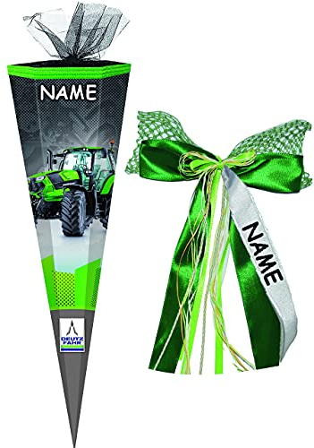 Schultüte - Traktor & Landmaschine - Deutz - 85 cm - eckig - incl. Name und individueller großer 3-D Effekt Schleife - Tüllabschluß - Zuckertüte - mit /..