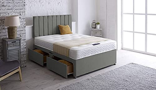 GHOST BEDS Zidane Divan Bed Set 2 Drawers Same Side With 10 Memory Sprung Mattress & 24 Headboard (Grey, 4FT6 DOUBLE)