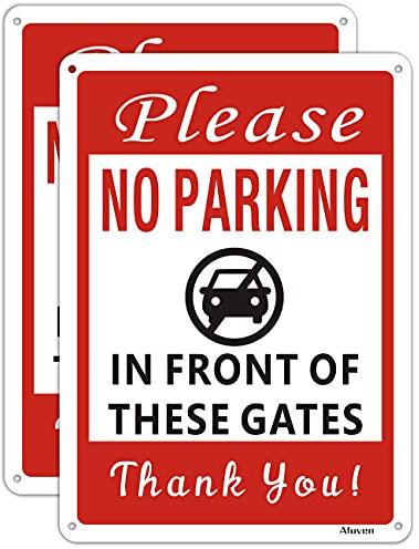 Paquete de 2 señales de puerta por favor no estacionamiento delante de estas puertas, metal reflectante de 25.4 x 17.78 cm, aluminio libre de óxido, uso al aire libre, tinta impermeable y duradera