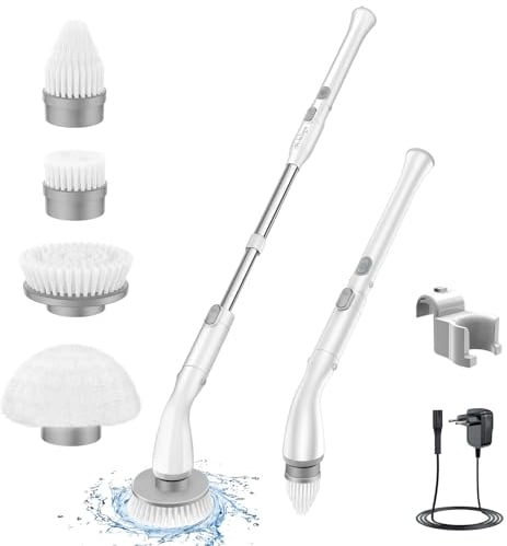 LABIGO Electric Spin Scrubber LA1 Pro, Cordless Spin Scrubber with 4 Replaceable Brush Heads and Adjustable Extension Handle, Power Cleaning Brush for Bathroom Stone Tile Floor,Grout,Grooves(White)