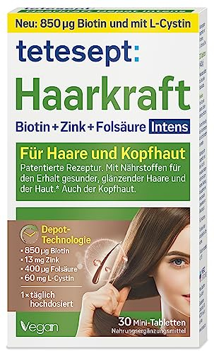 tetesept Haarkraft Depot Intens – Nahrungsergänzungsmittel mit Zink, Folsäure und Biotin - für glänzendes Haar von innen – 1 x 30 Mini-Tabletten