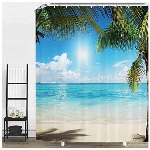 NiCoLa Shower Curtain Beach Scene Curtains for Bathroom Shower with 12 Hooks, 3D Waterproof Shower Curtain, Washable Shower Curtains for Wet Room 72 * 72 Inch