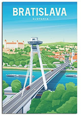 Slowakei Bratislava Vintage Reiseposter Neue Brücke Leinwand Kunst Poster Gemälde Bilder Wandkunst Drucke, Wanddekoration für Schlafzimmer, Home Office Decor Party Geschenke 20 x 30 cm