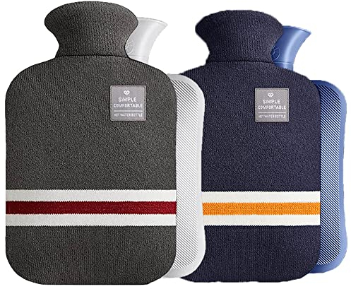 2 Pack Hot Water Bottle with Knitted Cover - 2 Liter Large Capacity Hot Water Bag for Hot and Cold Compress, Hand Feet Warmer, Neck and Shoulder Pain Relief （Navy Blue + Dark Grey）