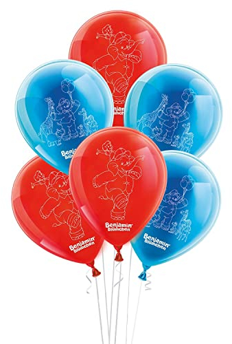 Party Factory `Benjamin Blümchen´ Set aus 10 roten und blauen Latexballons, Ø25cm, verschiedene Druckmotive, für Luft oder Helium
