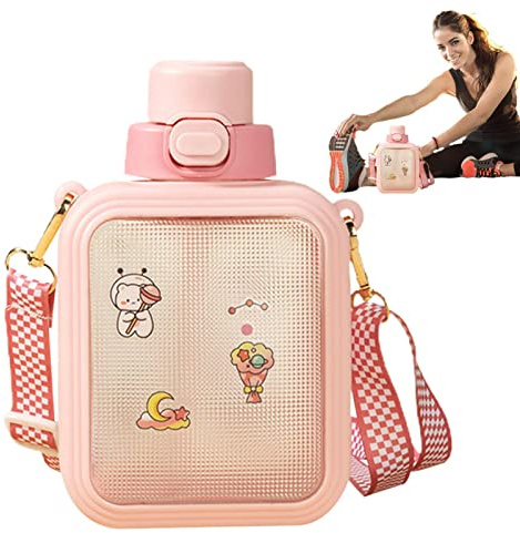 Bexdug Flat Water Bottle - 750ML Creative Flat Water Bottle With Adjustable Strap,Leakproof Outdoor Convenient Large Capacity Rectangular Juice Cup For Girls