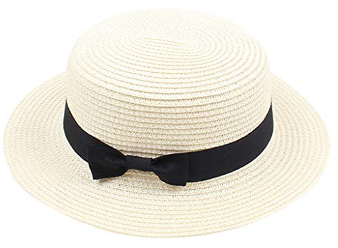 Damen Sommer Strohhut Retro Breite Krempe Sonnenhut Anti-UV Strandhut Sommerhut mit Bogenknoten UPF50+ Tragbar Fischerhut Retro Damenhut mit schwarzem Stoffband