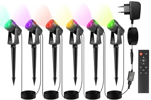 Herrselsam LED Gartenbeleuchtung mit Erdspieß, 6er Set Gartenleuchte, RGB Farbwechsel, IP65 Wasserdicht, LED Gartenstrahler mit Stecker, Gartenlampe Außenbeleuchtung für Außen Garten Rasen