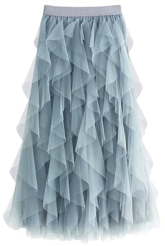 kydely Tulle Skirts for Women Long Length Tutu Fairy Tiered Skirt A Line Mesh Elastic Waist Skirts Blue Grey One Size