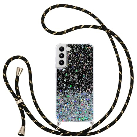 Pepmune Handyband Kompatibel mit Samsung Galaxy S22 Hülle mit Band Glitzer Transparent Case Silikon Schutzhülle mit Kordel zum Umhängen Mädchen Handyhülle für Samsung S22 5G Schwarz