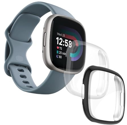 [2 Stück] Schutzhülle für Fitbit Versa 4 / Sense 2, Displayschutzfolie, vollständige Abdeckung, stoßfest, weich, TPU, Zubehör - [transparent + schwarz]
