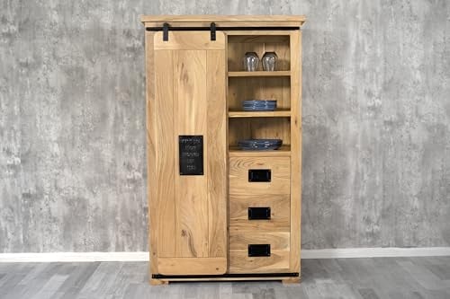 SAM Highboard Libro, Akazienholz massiv + naturfarben, Hochschrank mit Holzschiebetür, je 3 Schubladen & 6 offenen Fächern, Türelemente, Griffe & Reling aus Eisen, 90 x 150 x 45 cm