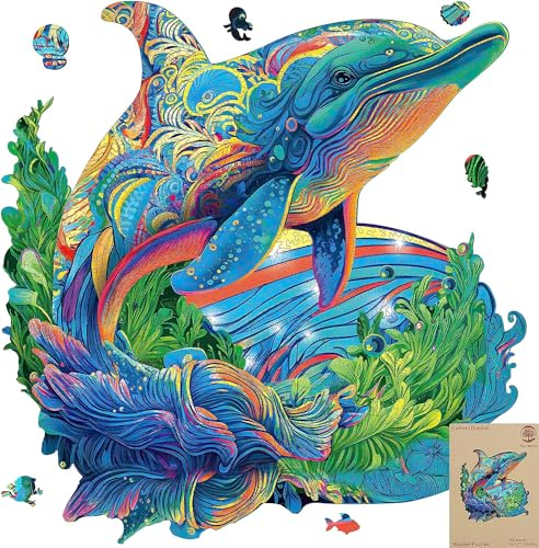 Mys Aurora Holzpuzzle Erwachsene 500 Stück, Delfin Holzpuzzle Wooden Puzzle Holz Erwachsene mit Geschenkbox aus Holz, Große Größe 44,2 x 42,7 cm