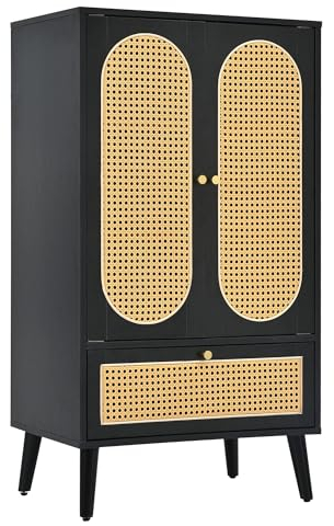 I0I&I0I Kompaktes Sideboard Rattan-Design Schwarz 2 Türen 1 Schublade 1,1m - Vielseitige Aufbewahrungslösungen (60 * 40 * 110.5 cm)
