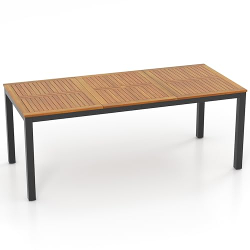 KOMFOTTEU Table de Jardin avec Trou pour Parasol, Table à Manger en Bois d'acacia pour 8 Personnes, 200 x 90 x 75 cm, Extérieur & Intérieur, Jambes en Métal & Pieds réglables (Modèle A)