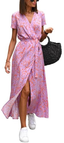 ORANDESIGNE Femme Ete Robe Longue Fluide Boho Midi Robes de Plage Chic Et Élégant Imprimé Floral Wrap Col en V Manches Courtes A-Line Robe Casual Fendue Robe Vacances B Rose Clair S