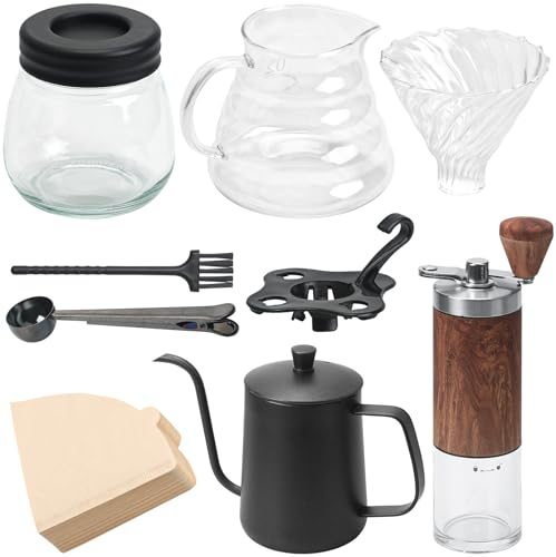 FEIGO Ensemble de moulin à café manuel de 7 pièces,ensemble d'outils de brassage de café portable,Coffee Grinder Degré avec bouilloire 600ml,Mouture Réglable,Outdoor Travel Picnic(100 filtres)