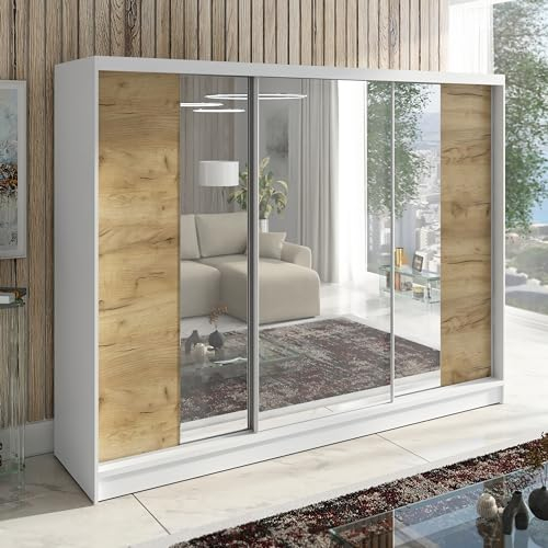 A&J MöbelLand Schwebetürenschrank VIDA, 3-türig Kleiderschrank 200cm mit 4 Schubladen, und Spiegel, Garderobe 200 cm (Weiß/Eiche Kraft Gold)