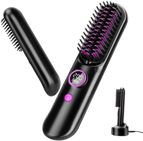 Hair Straightener Brush Cordless, Portable Wireless Negative Ion Straightening Comb with Rechargeable Battery for Travel 8400mAh USB Rechargeable with Exclusive Upgraded Charging Dock