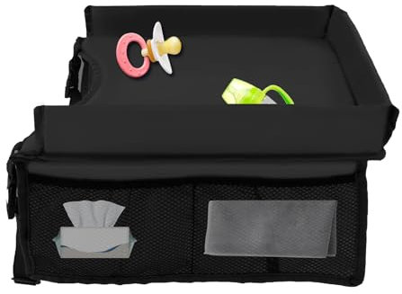1Pcs Travel Tray for Kids in Car, Toddler Car Seat Lap Tray Table for Long Journeys, Foldable Kid Play Tray with Adjustable Shoulder Strap and Pocket, Roadtrip Essentials for Outdoor Travel (Black)