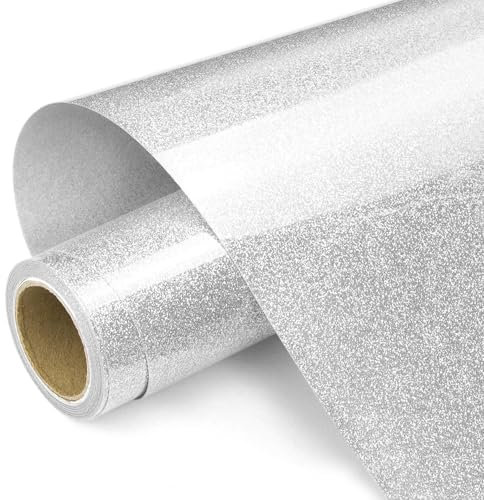 Prime Vinyl Heat Transfer Vinyl, 12 x 8ft Silver Glitter HTV Vinyl for T-Shirt, Iron on Vinyl for All Cutter Machines Easy to Cut & Weed with Heat Press DIY Craft Designs
