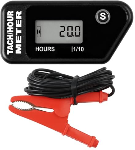 Runleader Tacómetro de horas digital con pinza de cocodrilo para tractor de jardín, generador, motocicleta, ATV, motor fuera de borda, motosierra acuática, etc. | Válido para Motor Gasolina Pequeño. Para Tractor, Generador, Compresor, Moto Acuática, Paramotor, Hidrolimpiadora