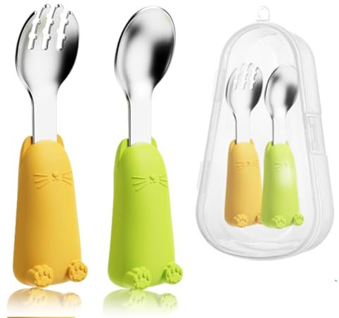 2 pièces cuillère, fourchette, Couverts pour Bébé en Silicone et Acier Inoxydable, Cuillères et Fourchettes pour Bébé et Tout-Petits sans BPA, pour 1 an et plus, les accessoires de sevrage