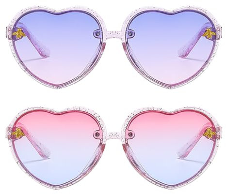 UEIOAVL Occhiali da sole bambine e ragazze, Occhiali da sole a forma di cuore da 2 pezzi per ragazzi e ragazze occhiali da sole da spiaggia alla moda retrò per bambini (rosa, viola)