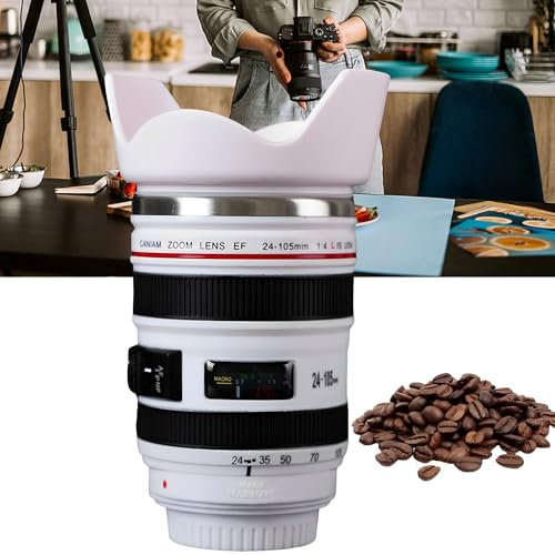 WYFCR Taza de Café, Taza de Café con Lente de Cámara con Tapa y Cuchara de Café Cepillo de copa, Taza de Cámara para Fotógrafos 380m, con Lente de Acero Inoxidable con Sifónl(Blanco)