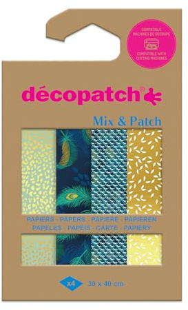 Décopatch DP041C - Packung Mix Patch, mit 4 Blatt Décopatch-Papier 30x40 cm, Goldener Pfau, gemischte Sortierung, geeignet ab 5 Jahren, 1 Pack
