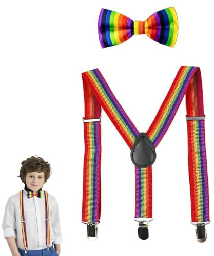 Azlanway Regenbogen Bogen Set, 2 PCS Y-förmige Hosenträger und Schleifen mit Metallclips, Verstellbare Schleifen und Armstulpen für Partys für Jungen und Mädchen