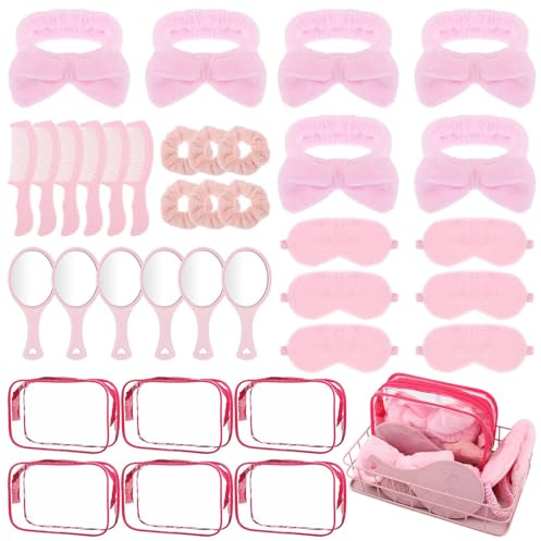 36 Pezzi Articoli per Festa in Camera per Ragazze, Set di Fasce per la Cura della Pelle e Braccialetti per Festa in Camera, 6 Fasce Rosa per Spa, 6 Mascherine per gli Occhi Rosa, 6 Elastici per