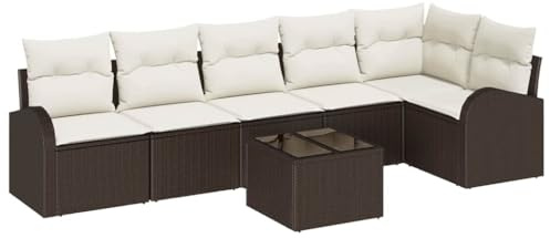 vidaXL Garten-Sofa-Set mit Kissen 7 pcs Braun und Weiß Poly Rattan, Garten und Terrasse, modernes modulares Sofa, strapazierfähige UV-beständige Materialien, verstellbare Füße, Wohnset für draußen