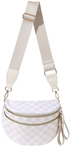 Hitnow Große Nylon-Bauchtasche für Damen, geräumige Crossbody-Bauchtasche mit verstellbarem Riemen in Übergröße, Beige kariert, 11.8L x 5.5W x 8.3H, modisch