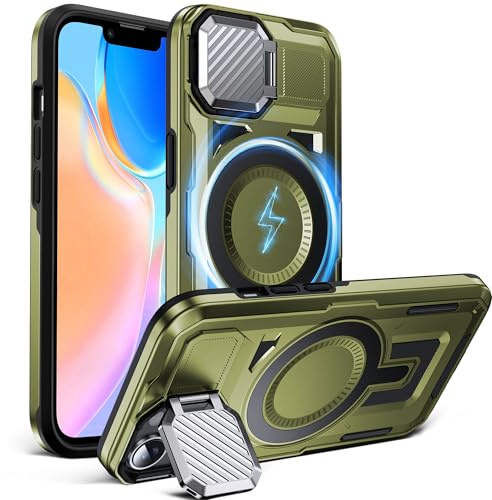 DASFOND Hülle für iPhone 14/13, [Kompatibel mit MagSafe] Stoßfestes Militärgeprüftes Handyhülle Case mit Kameraldeckung & Standfuß | Wireless Charging | Rutschfester Bumper, Olivgrün