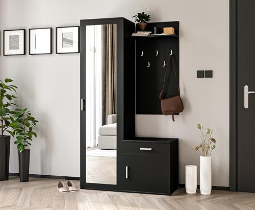 AXLIVING Garderobe Schwarz Magnola – 100 cm Breite, mit Stauraum & Spiegel | Langlebige, hochwertige Materialien. Schublade (12 cm hoch). Zwei zusätzliche Fächer (50 cm breit). Breite von 100 cm.