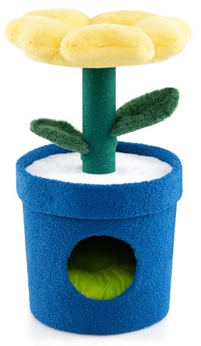 GYMAX Cat Tree, Cute Cat Tower with Sisal Scratching Post, Flower Padded Perch, Condo, Multi-Layer Small Kitty Activity Center for Indoor Cats (Yellow)