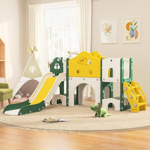 LIVLUX Toboggan Enfant 7 en 1 avec Panier de Basket, Télescope et Échelle d'escalade, Aire de Jeux Intérieure et Extérieure,pour Enfants de 1 à 6 Ans.(Vert B)