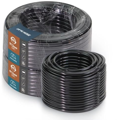 Asyduey Manguera de Jardín de PE Negra con Diámetro Exterior de 12 mm, Tubería de Riego por de 9/12 mm para Sistemas de Riego con Boquilla y Accesorios de Aspersores.